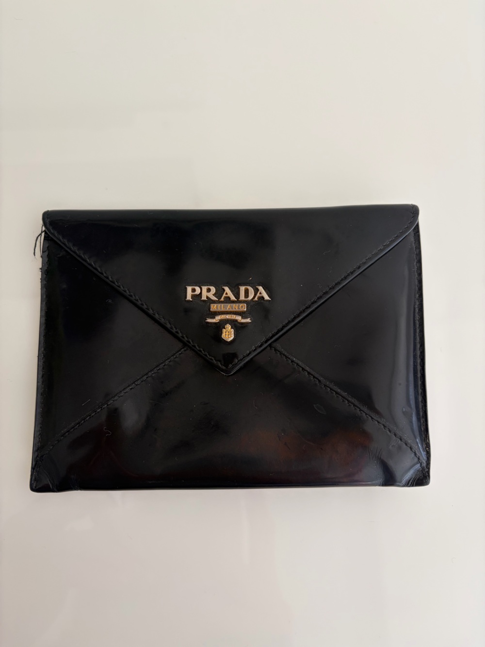 Vintage Prada Black Box Calf Leather Envelope Card Holder Made in Italy